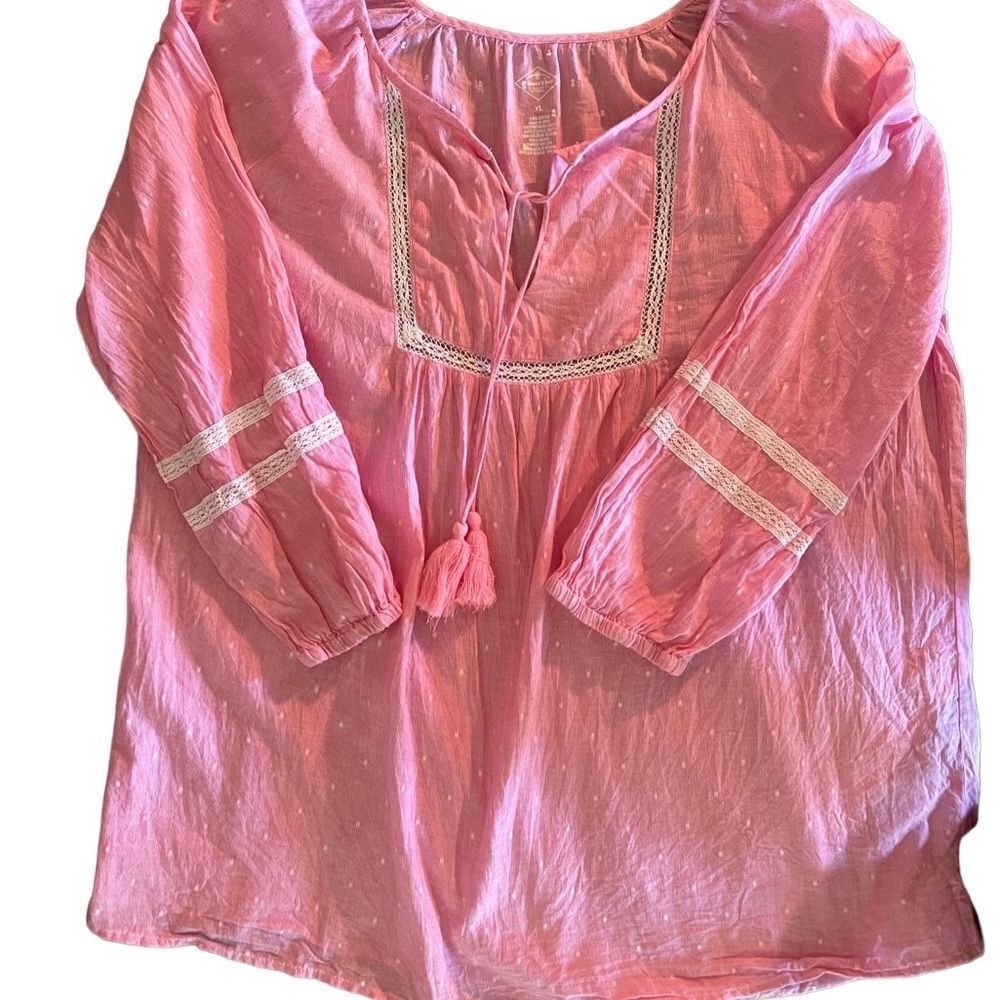 St‎ John’s Bay 100% cotton pink w/ white lace trim long  sleeve sz XL w tassels - Picture 3 of 6